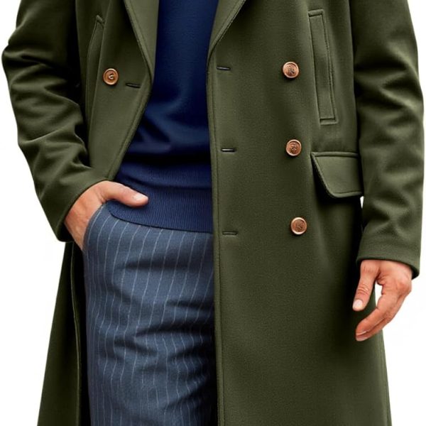 Men's Trench Coat: Notched Lapel Slim-Fit, Double-Breasted Casual Long Business Overcoat