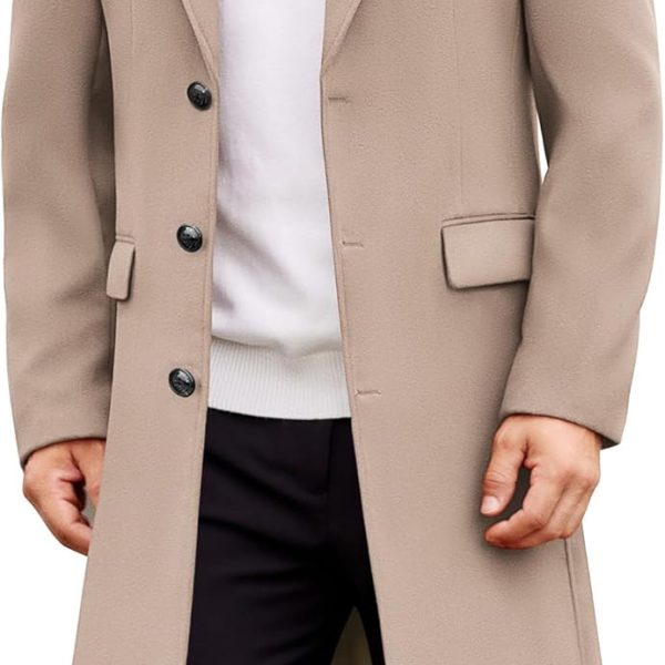 Men's Trench Coat: Long Casual Single-Breasted Overcoat, Winter Notched Lapel Wool Blend
