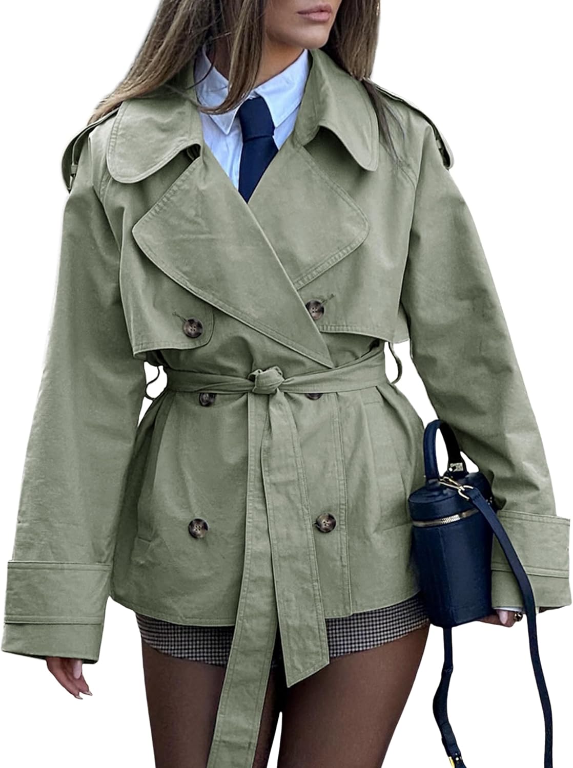 Women's Short Trench Coat – Double-Breasted Lapel Jacket (Belted)